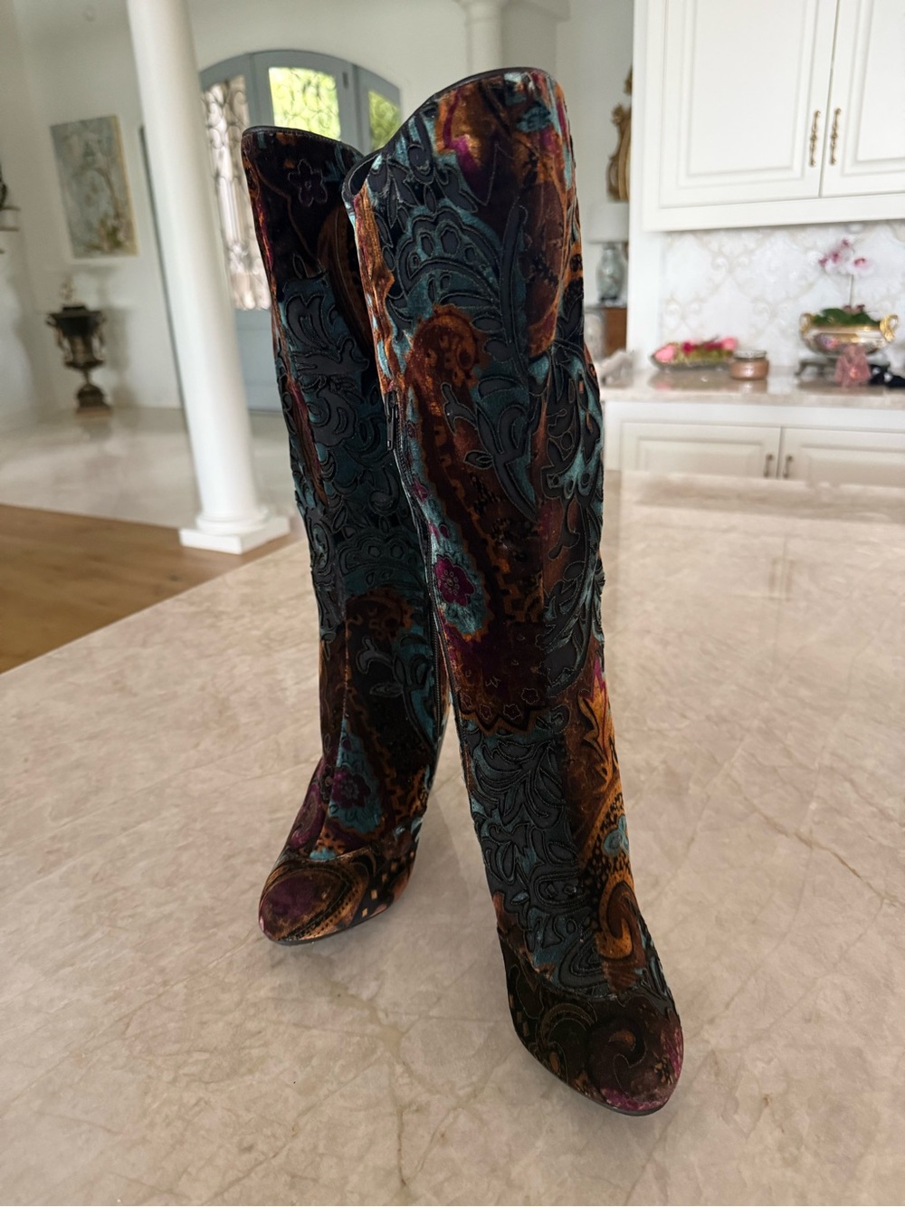 Born Multicolor Velvet Tall Paisley Boot with Stacked Leather Heel - Picture 6 of 14